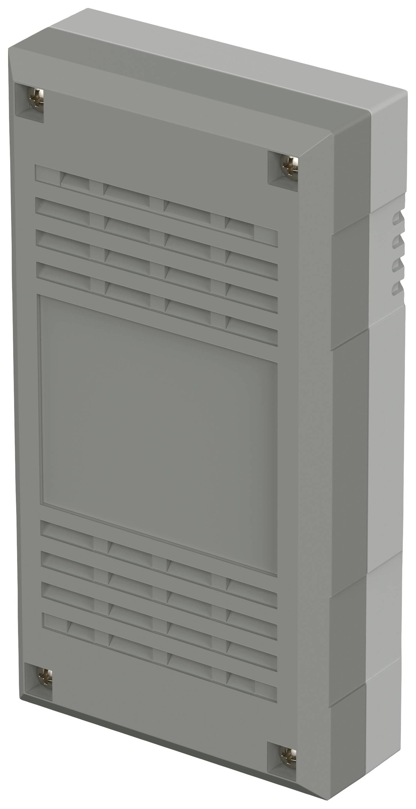 Grey plastic enclosure with ventilation slots and screws at the corners, suitable for electronic components.