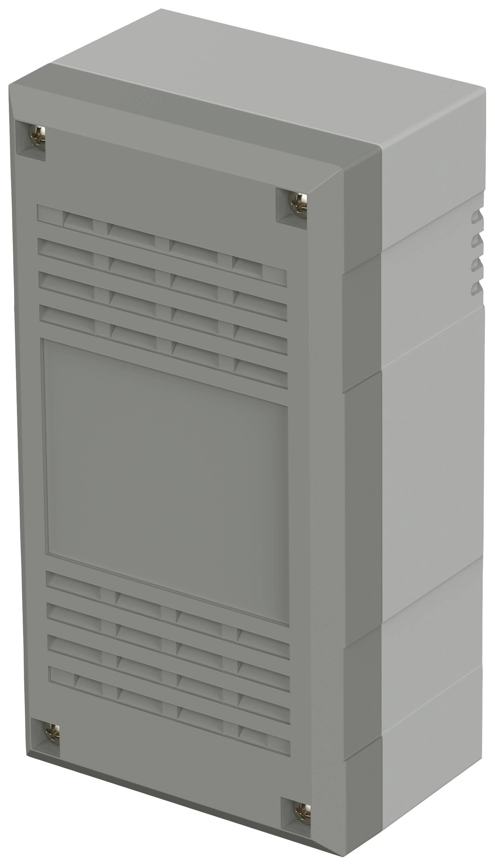 Grey rectangular electrical control cabinet with ventilation slots on the front, suitable for wall mounting.