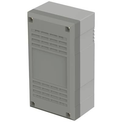 Grey rectangular electrical control cabinet with ventilation slots on the front, suitable for wall mounting.