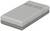 A grey, rectangular electronic device with ventilation slots on one side, possibly an external drive.