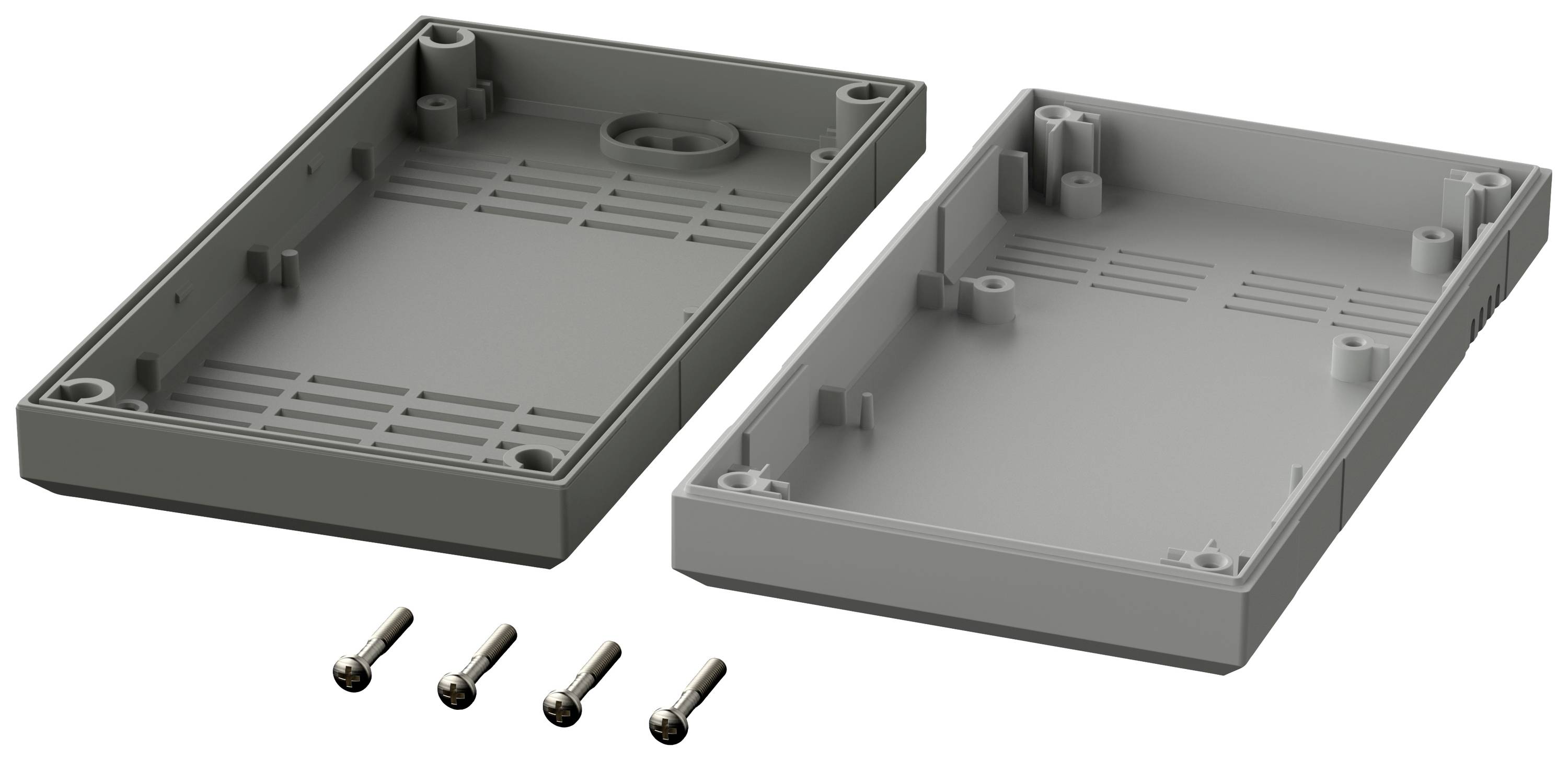 Housing made of plastic in two parts with four screws, illustrated in a presentation for electronic component assembly.