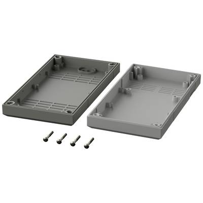 Housing made of plastic in two parts with four screws, illustrated in a presentation for electronic component assembly.