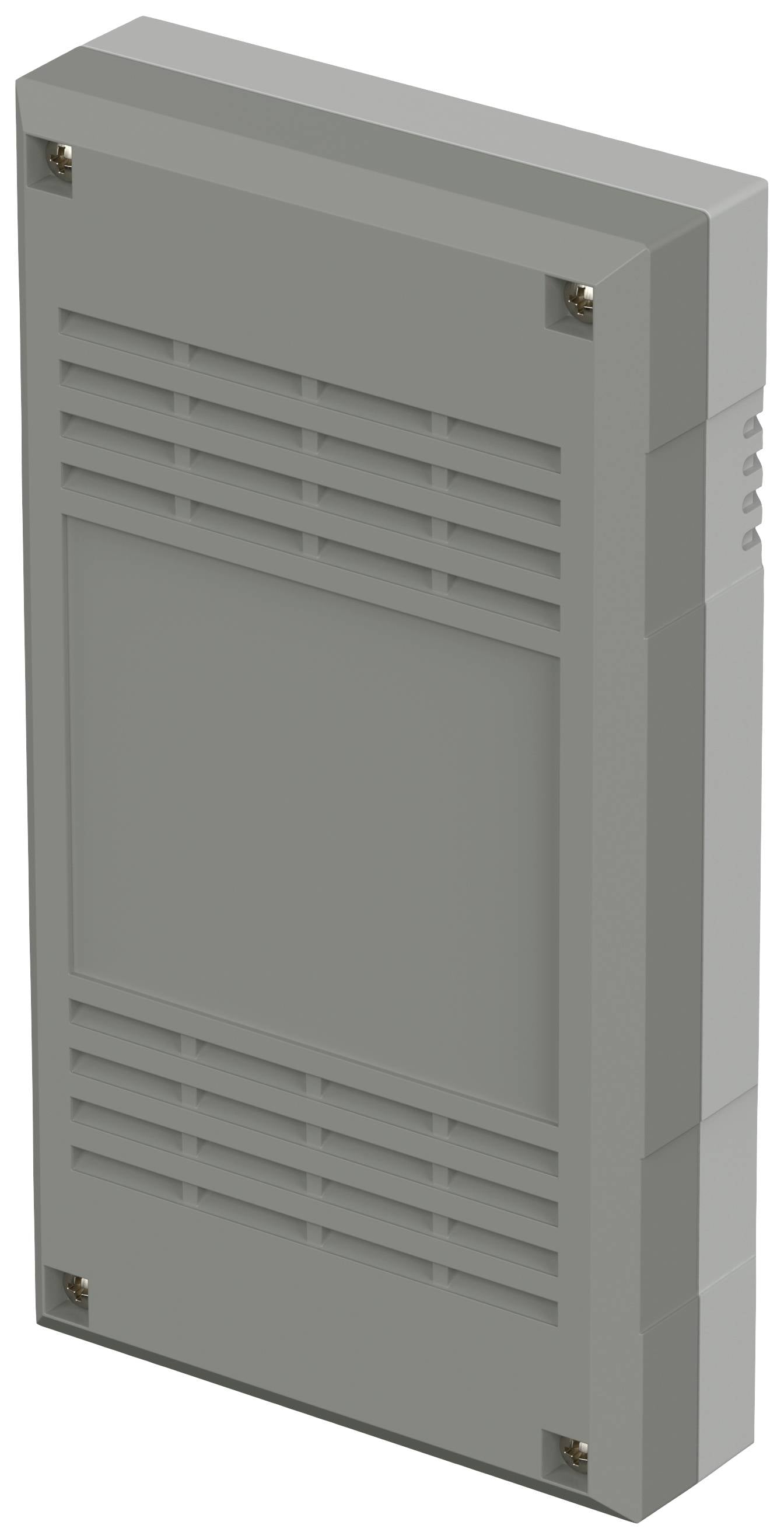 Grey rectangular electronic device with ventilation slots, suitable for wall mounting, shown from an isometric perspective.