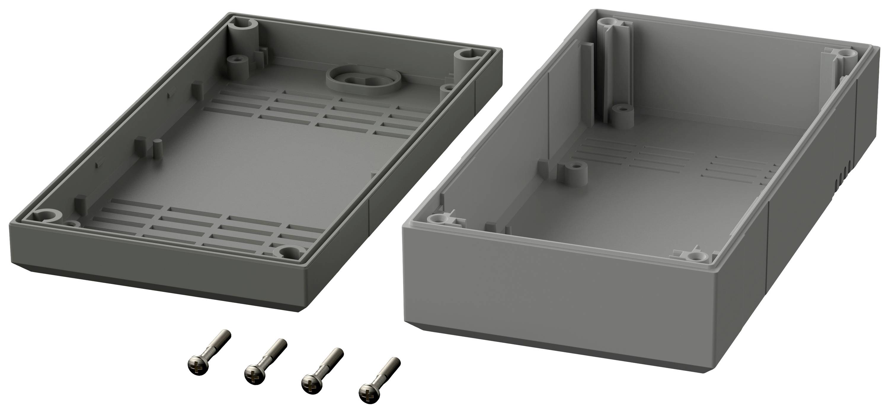 A grey rectangular plastic enclosure, consisting of two halves, open. Four screws are laid out in front of it.