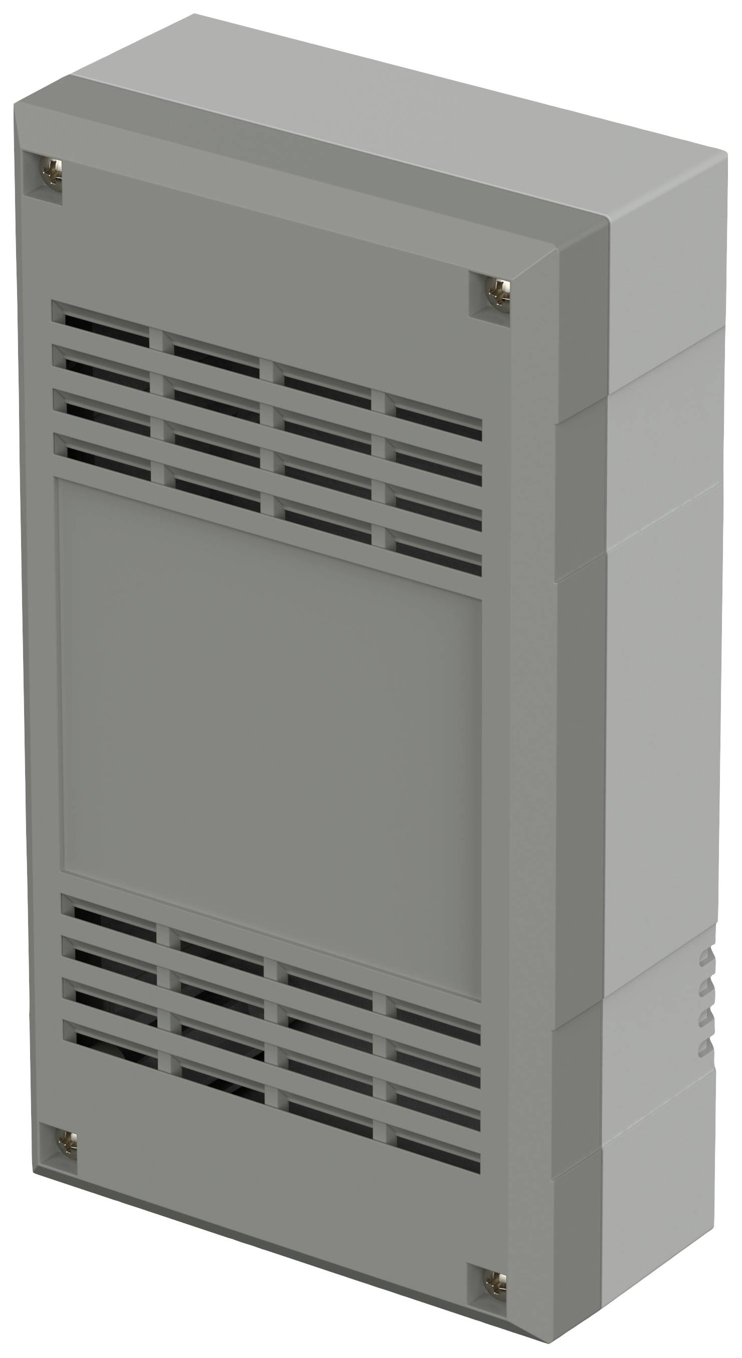 Grey, rectangular electrical enclosure with ventilation slots at the top and bottom; used for housing electronic components.