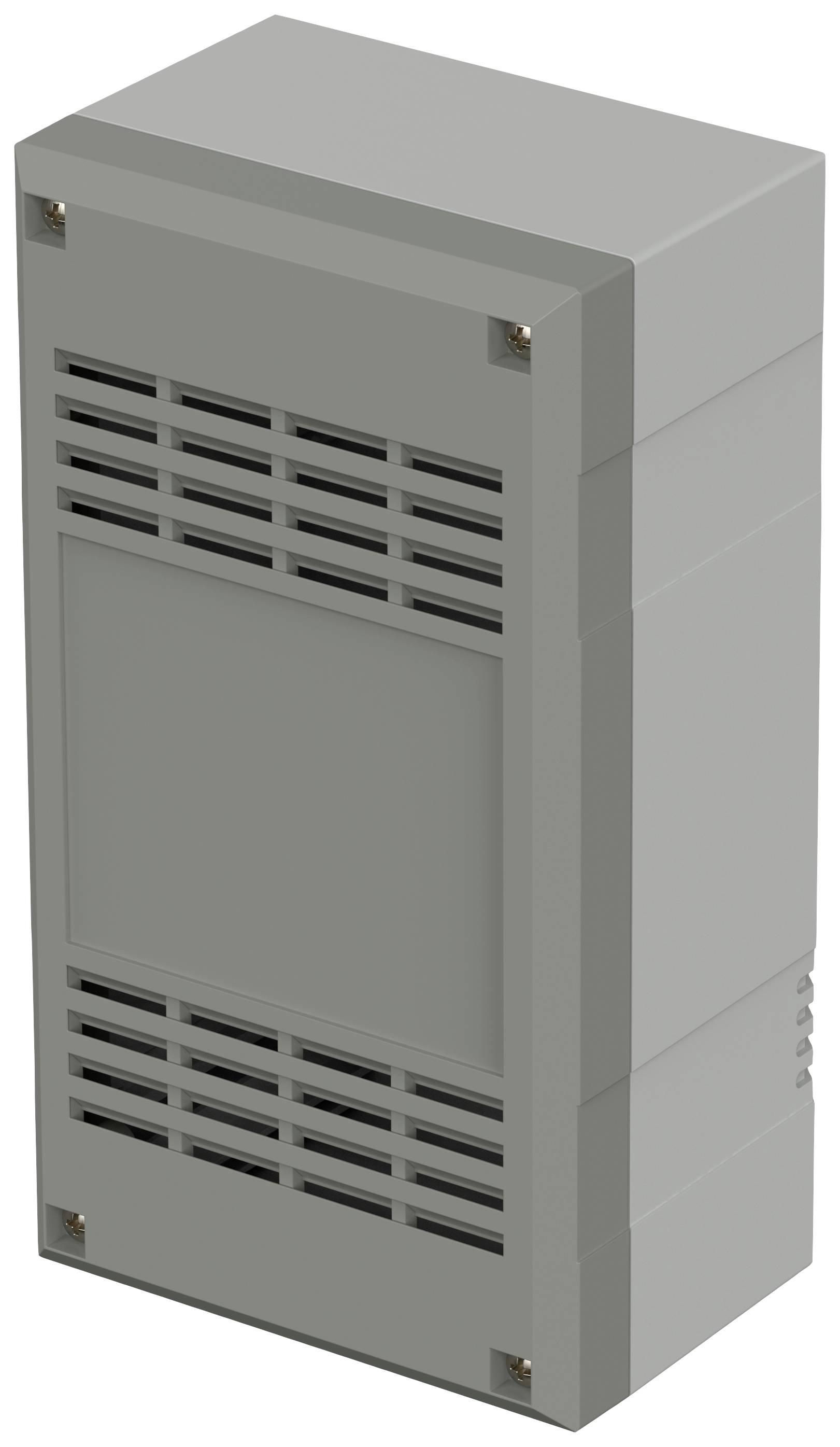 Grey rectangular plastic enclosure with ventilation slots, suitable for housing electronic components.