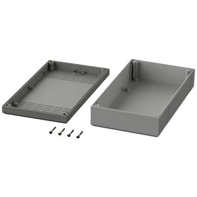 Grey rectangular plastic electronics enclosure, consisting of two halves and four screws, prepared for assembly.
