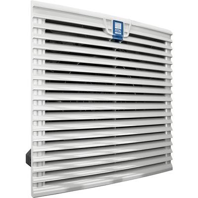 A white ventilation grille with horizontal louvres. A fan is visible behind the louvres. A blue logo is positioned at the top.