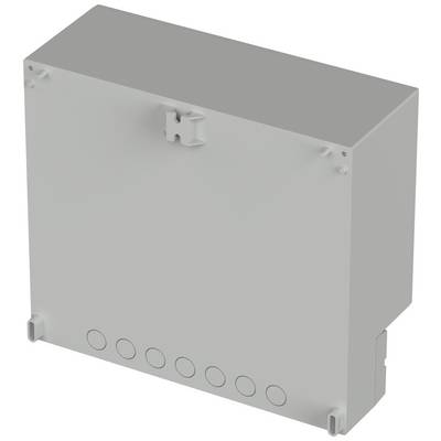 A rectangular grey enclosure with mounting elements and round recesses at the bottom.