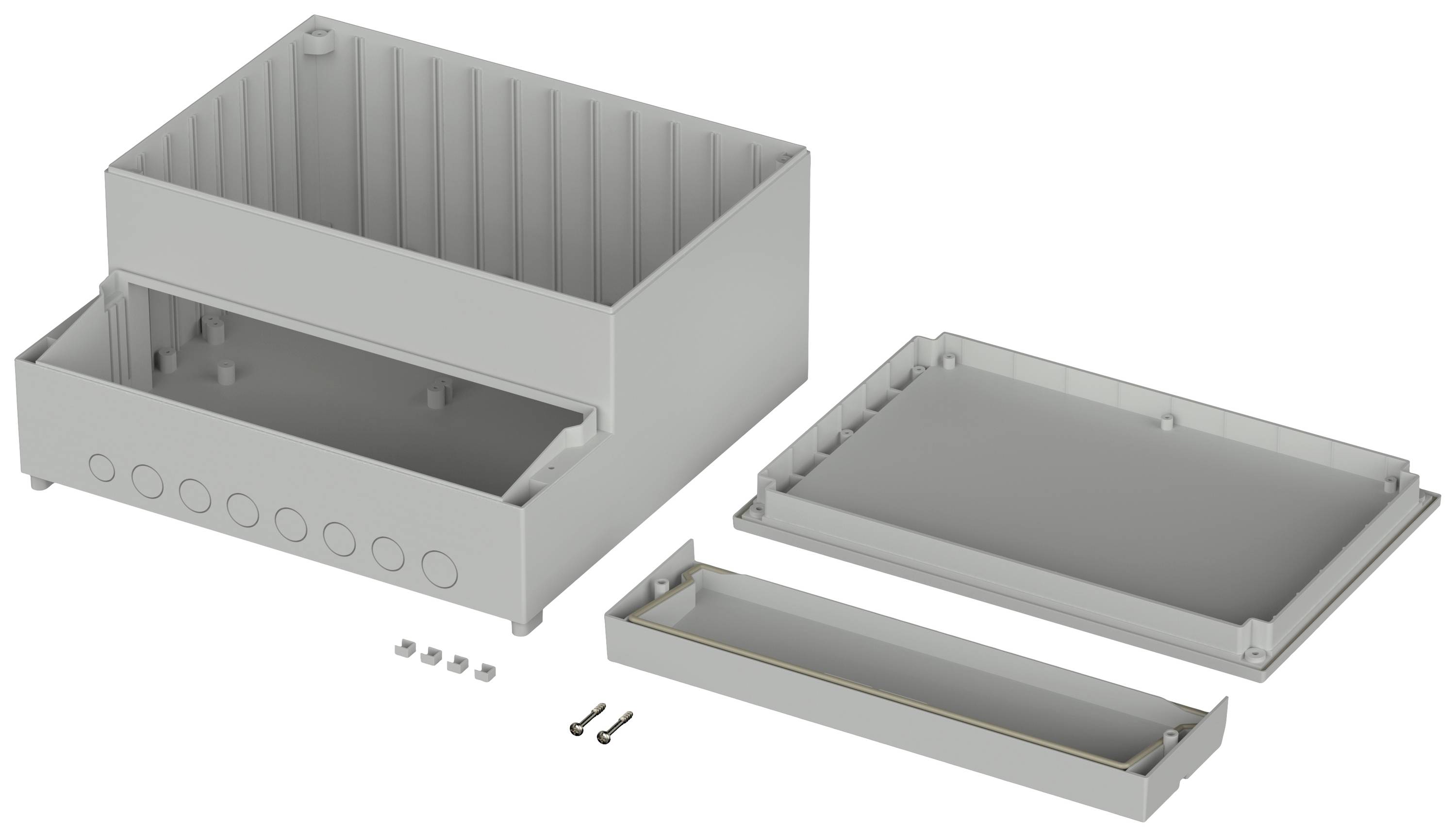 Housing assembly kit consisting of a main housing, removable lid, and small box, illustrated with screws.