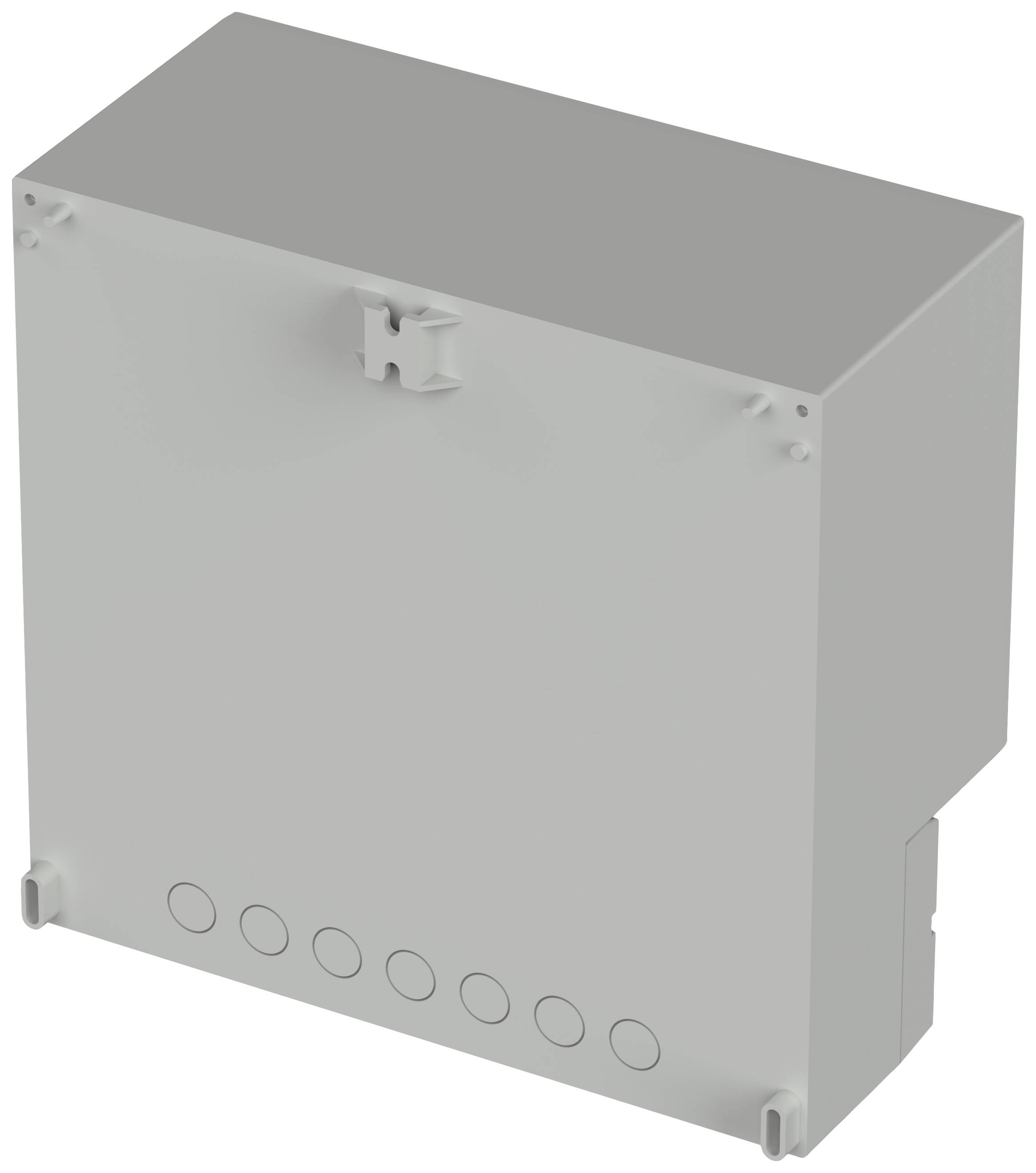 Grey, rectangular enclosure with multiple openings on the underside, used for electrical installations.