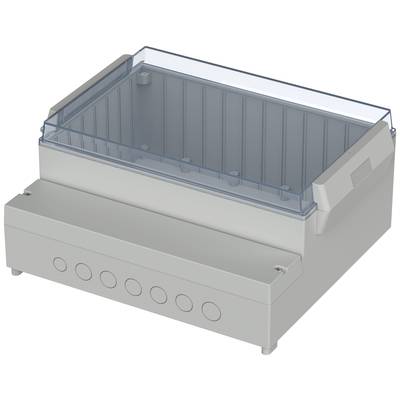 Grey, rectangular enclosure with transparent cover. Suitable for electrical installations with multiple cable entries.