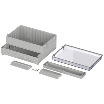 Electronic enclosure set with separate components: main housing, transparent lid, smaller covers, and screws.