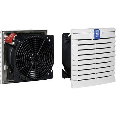 'A fan with a square grid and a red switch, next to a white cover with ventilation slots and a blue logo.'
