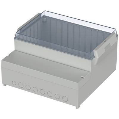 A rectangular, grey electronics enclosure with a transparent lid, suitable for multiple cable connections on the underside.