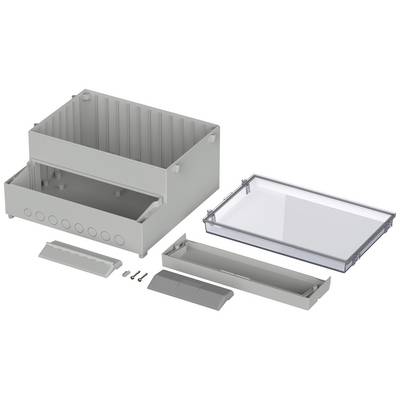 A grey, multi-part plastic enclosure with a removable, transparent lid, screws, and cover plates. Ideal for electronic assembly.