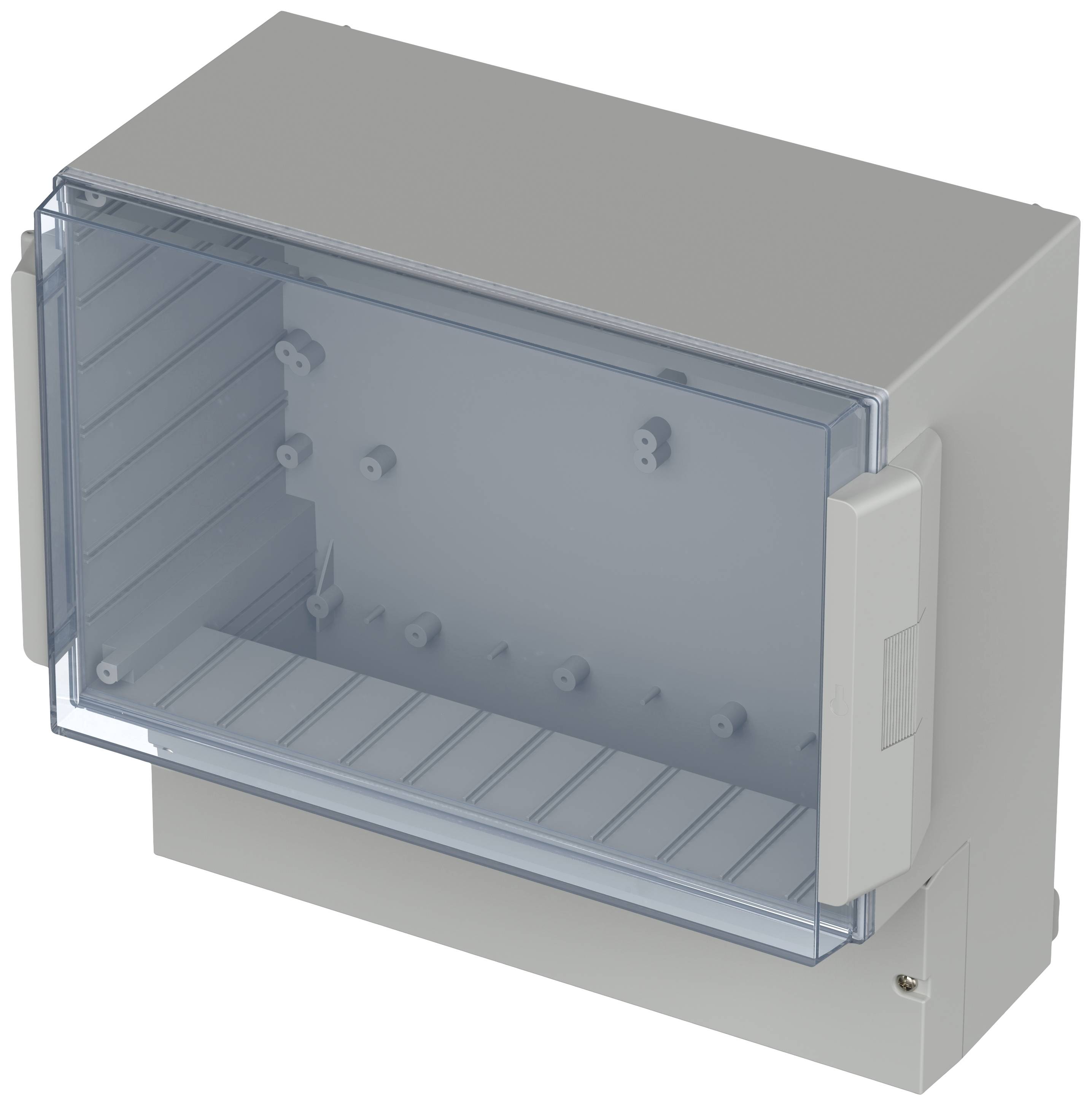 Grey, rectangular enclosure with transparent front cover, suitable for mounting electrical devices or distribution components.