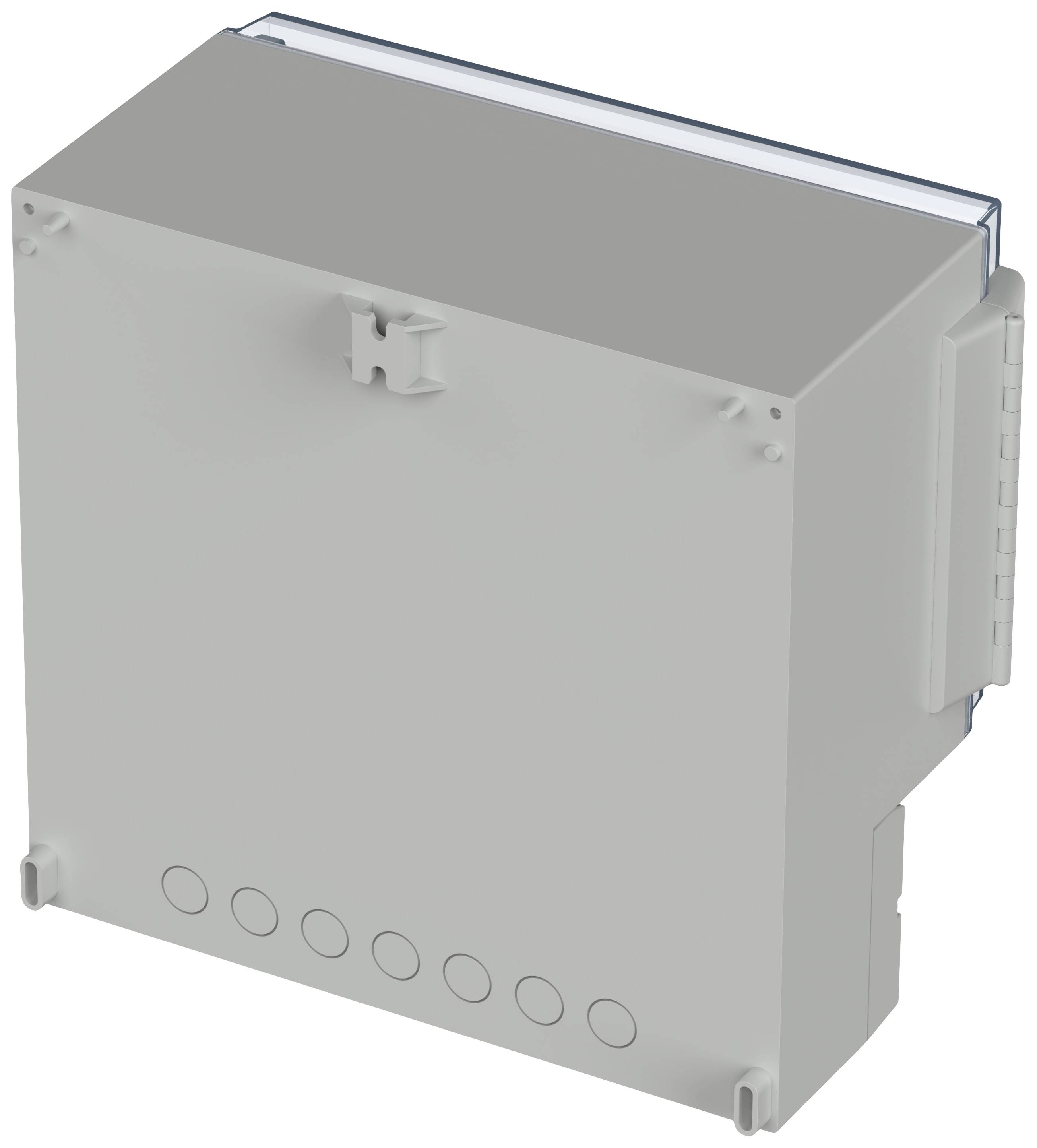 A rectangular, grey electrical enclosure with multiple cable entries; potentially for protecting and organising connections.