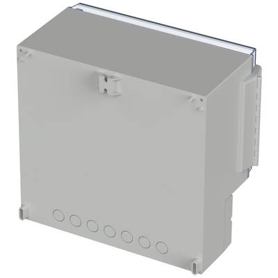 A rectangular, grey electrical enclosure with multiple cable entries; potentially for protecting and organising connections.