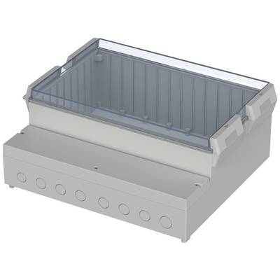 Electrical enclosure with a transparent lid, multiple cable entries at the base, protecting electronic components.
