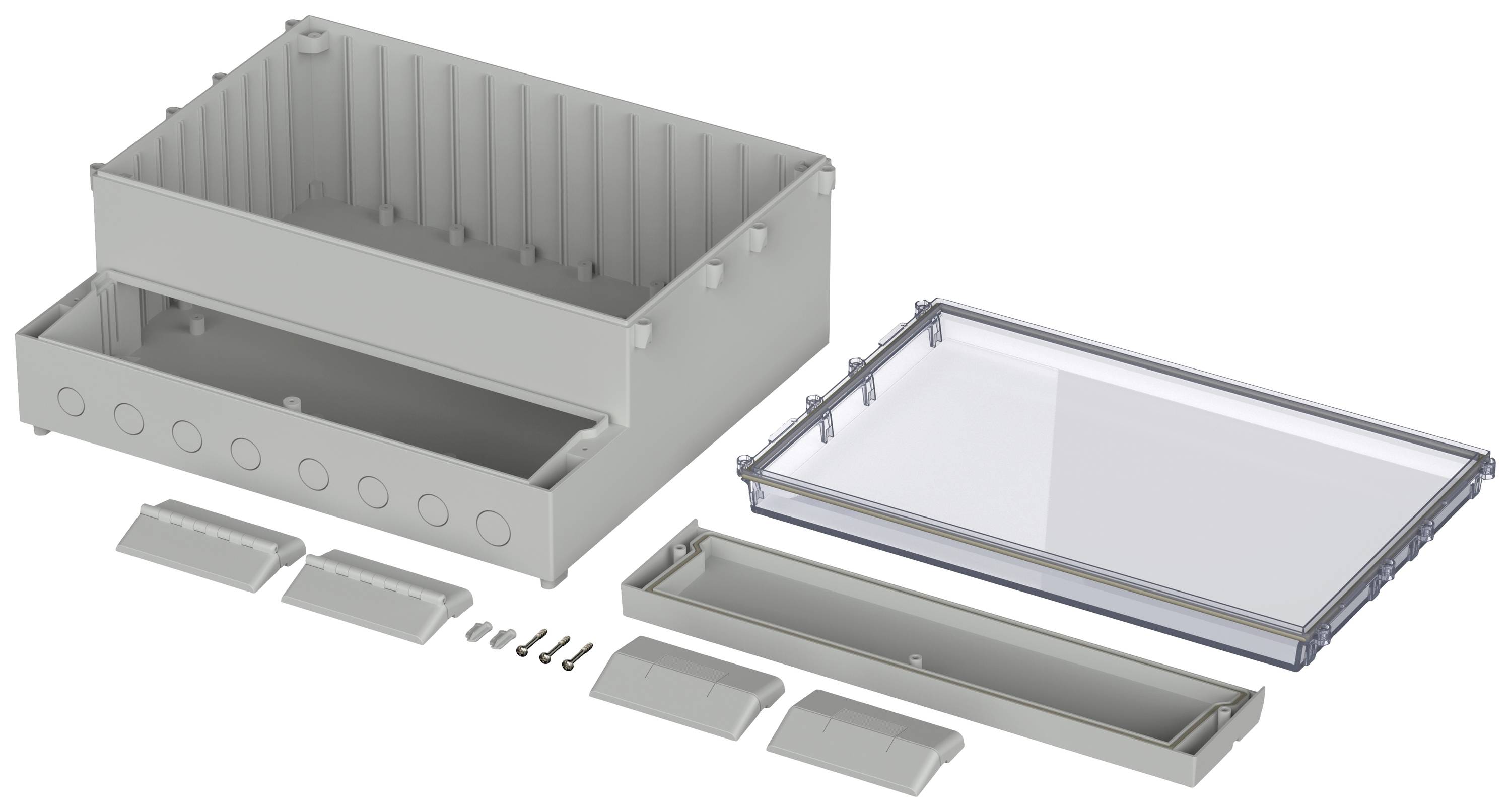 Open-frame case kit with a removed lid and accessories; main components are clearly arranged and visible.