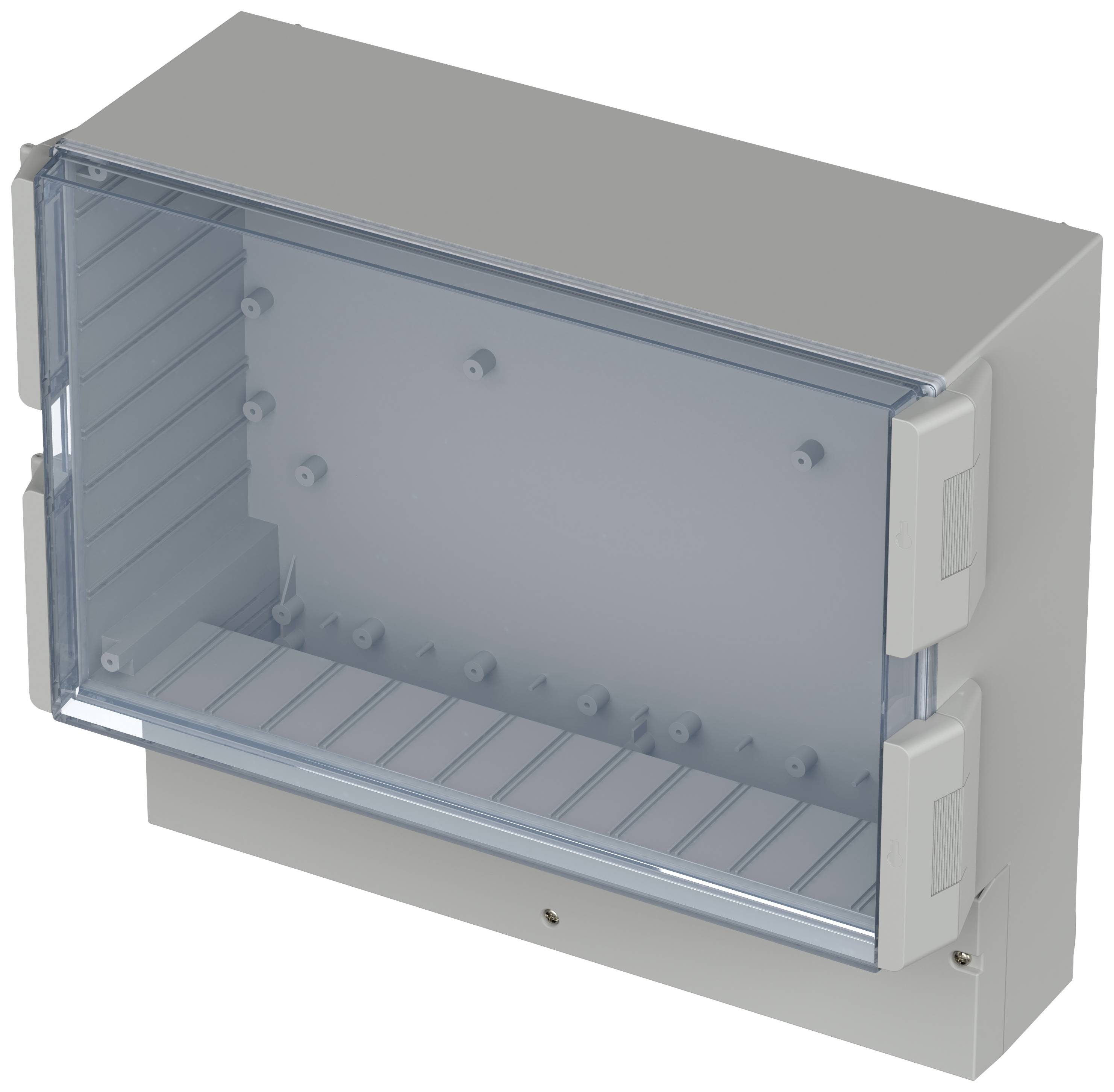 Grey plastic enclosure with transparent lid, multiple mounting rails and internal screw connections, for electrical installations.
