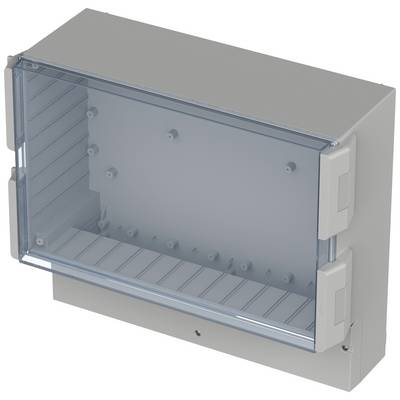 Grey plastic enclosure with transparent lid, multiple mounting rails and internal screw connections, for electrical installations.