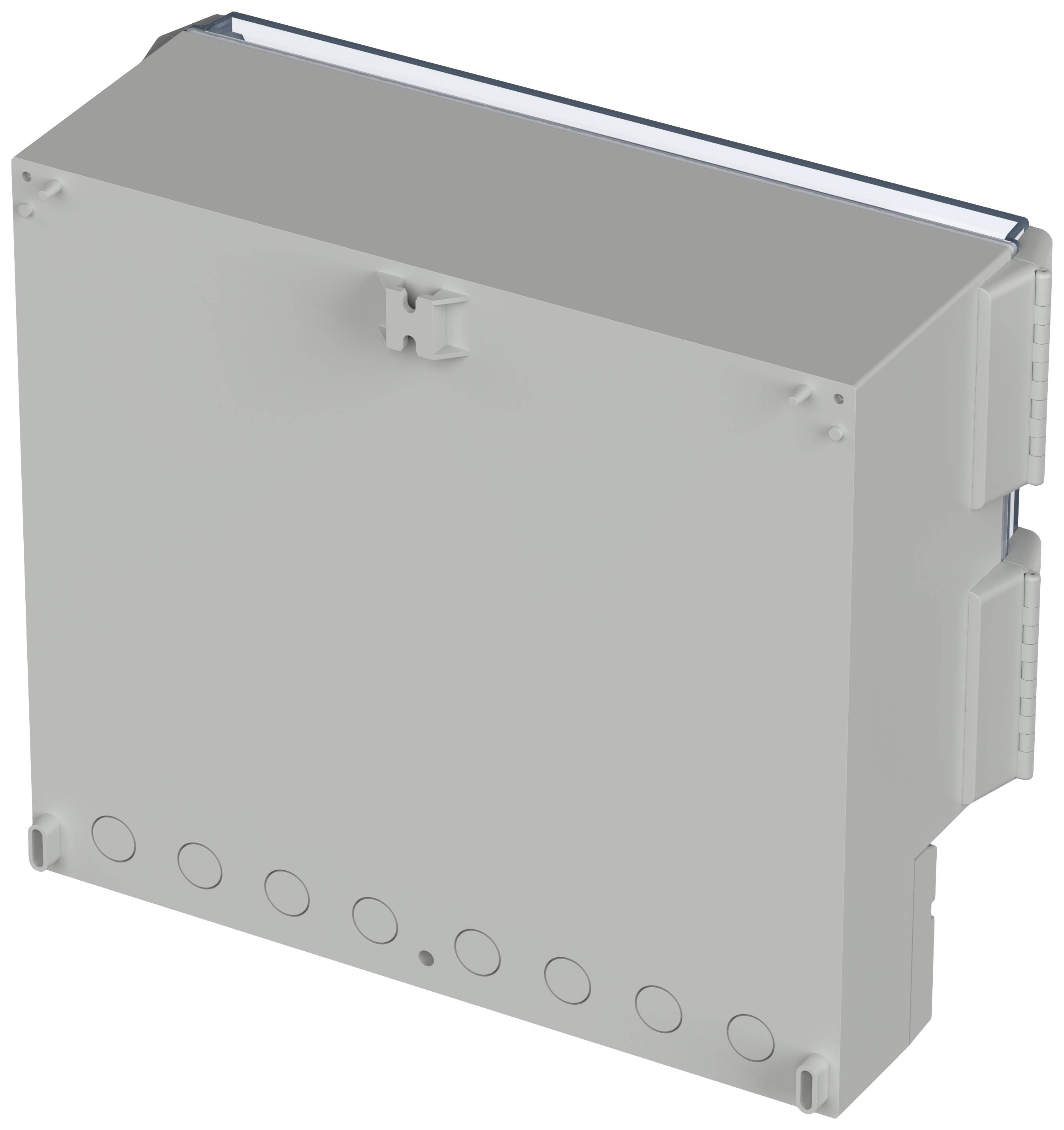 A grey, rectangular electrical enclosure with rounded corners, designed for wall mounting and cable connections.