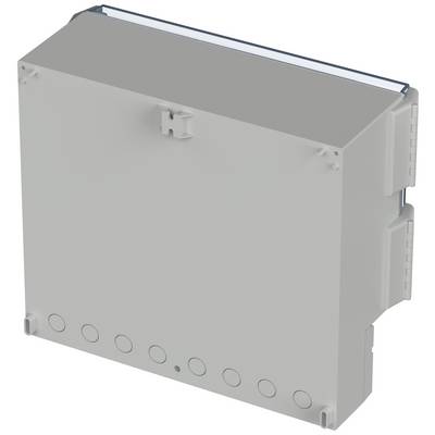 A grey, rectangular electrical enclosure with rounded corners, designed for wall mounting and cable connections.
