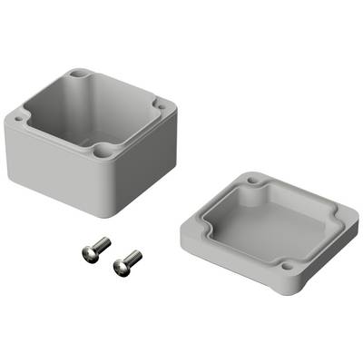 Plastic square housing with a removable cover and two mounting screws.
