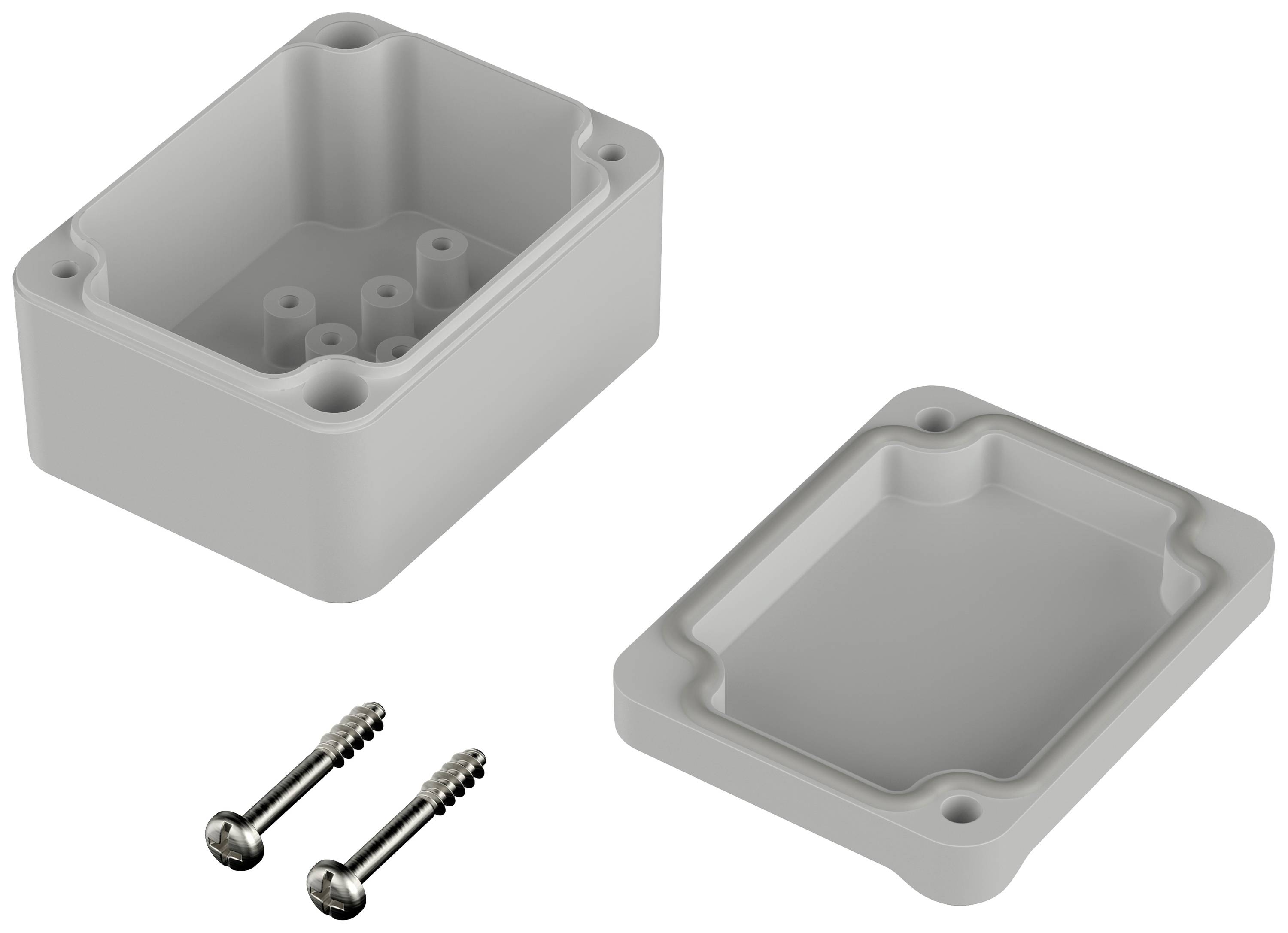 Housing with a removable lid and two screws. Ideal for securely housing electronic components or circuits.
