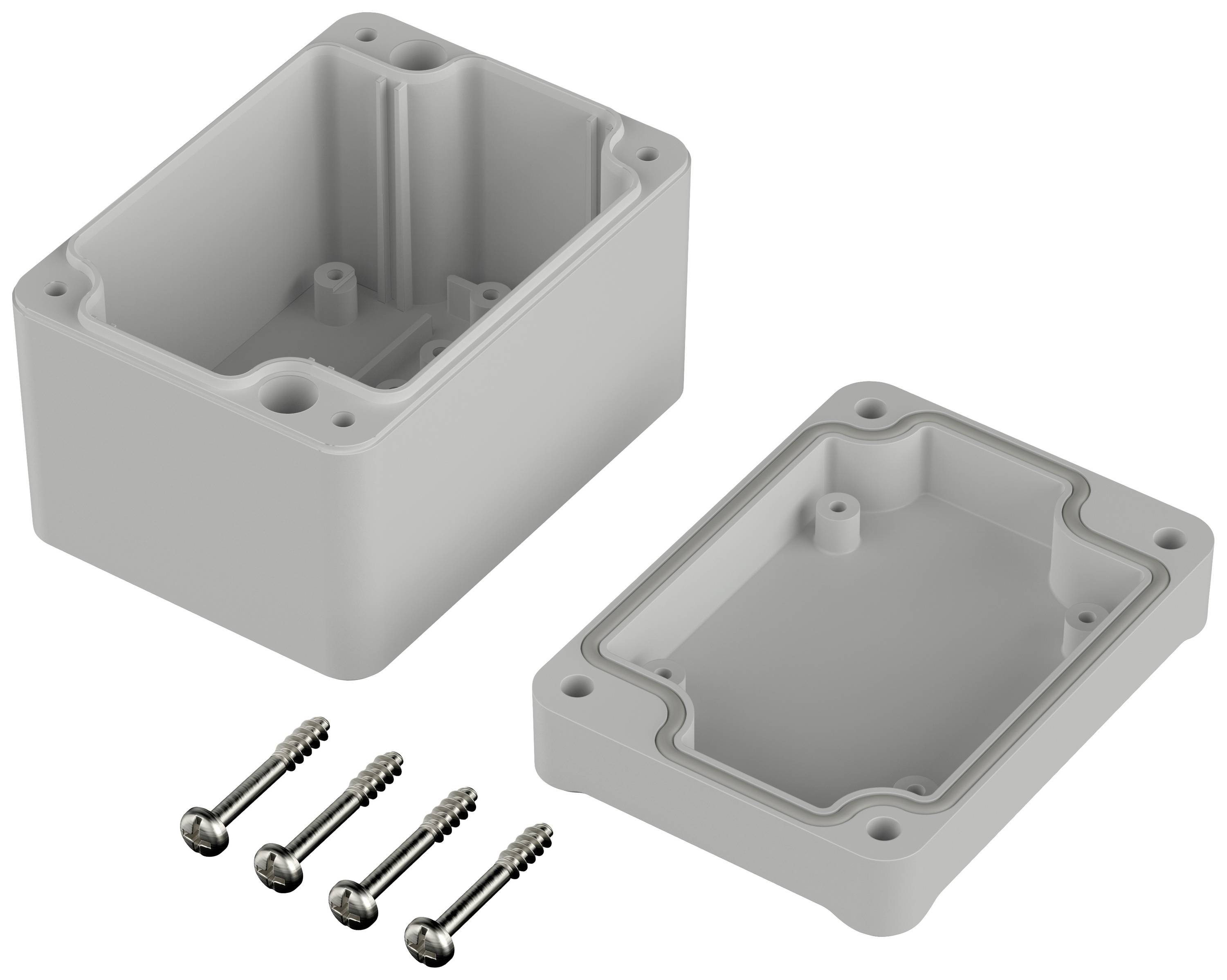 Grey rectangular plastic housing, two-part with a removable cover and four fixing screws.