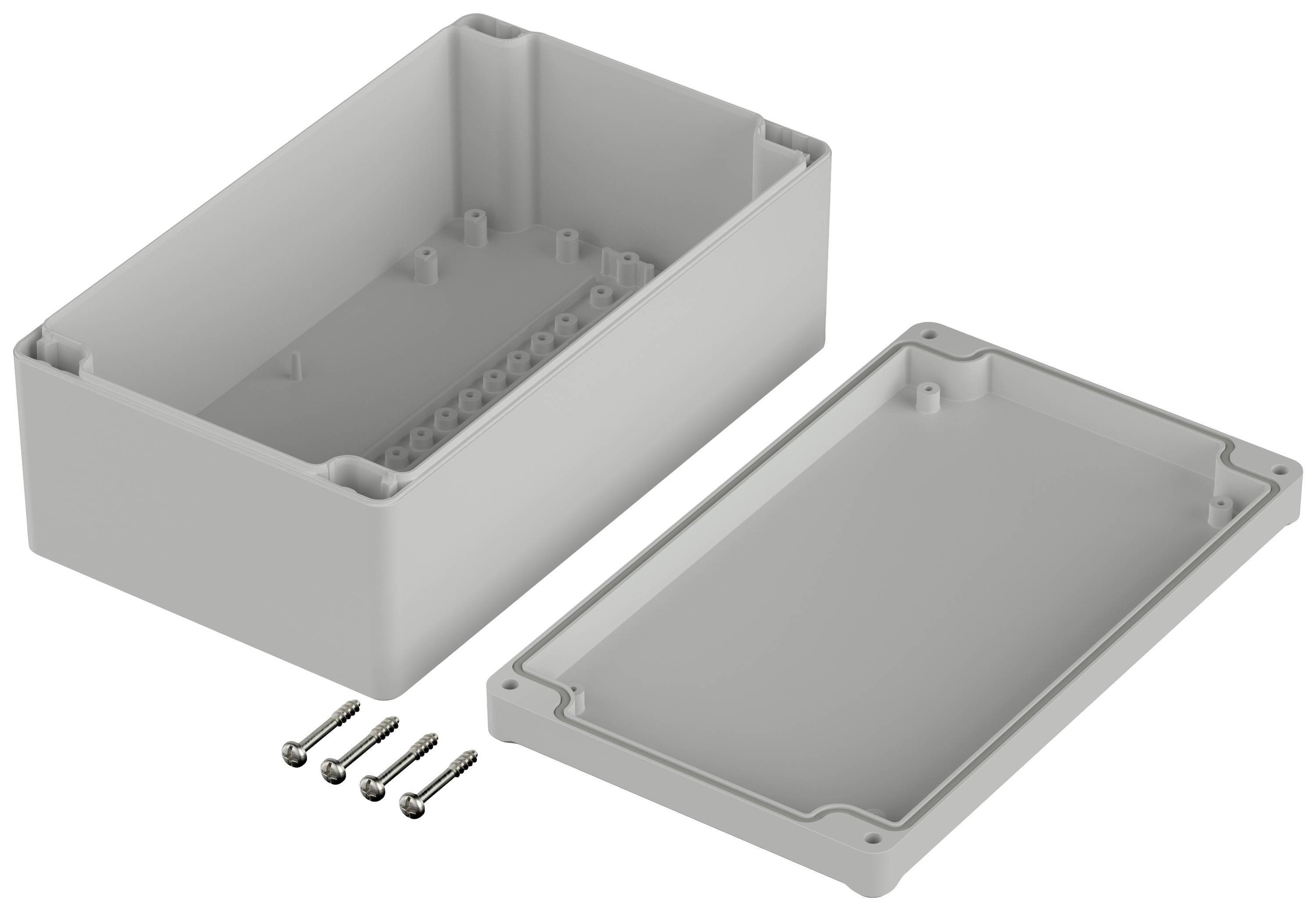 Housing assembly kit with lid removed and four screws, suitable for electrical applications.