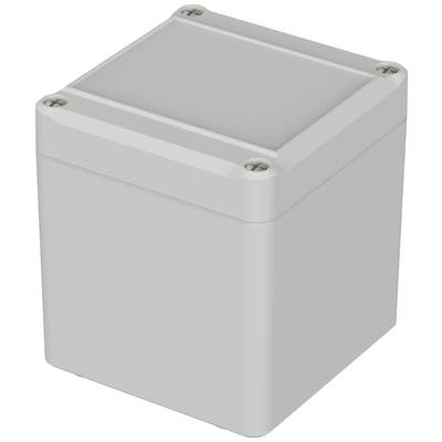 A grey plastic box with rounded corners and four metal screws at the corners of the removable lid.