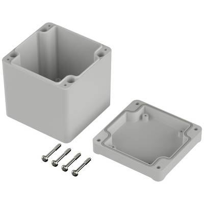 Grey, rectangular plastic enclosure in two parts with four screws. It is frequently used for the secure housing of electronic components.
