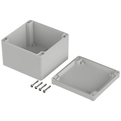 Grey plastic enclosure with separate lid, four silver screws beside it, suitable for mounting or electrical wiring.