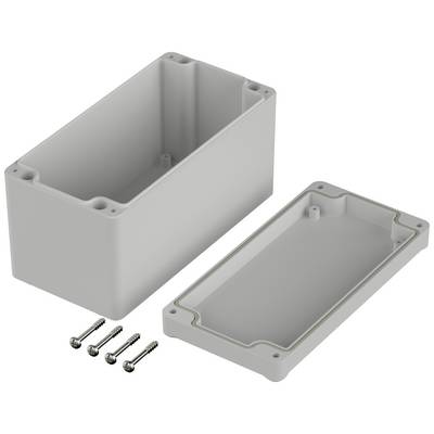 A grey, rectangular enclosure with a removable lid and four screws.
