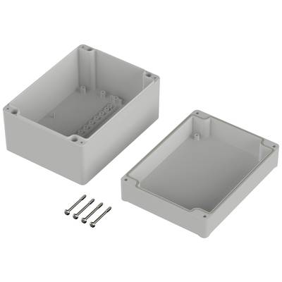 A grey plastic enclosure box, consisting of two halves secured with screws, isolated on a white background.