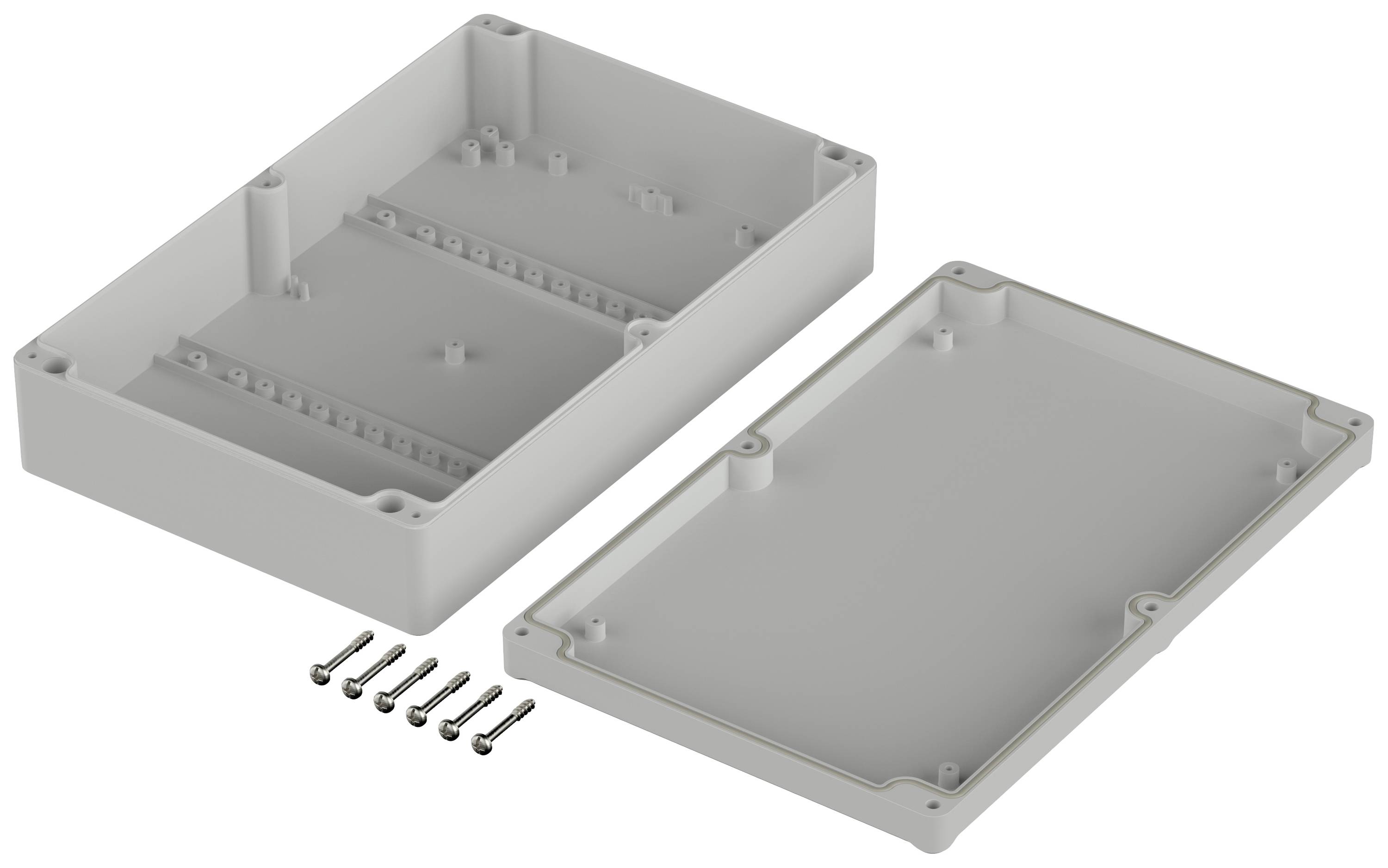 Plastic housing in a rectangular shape, opening into two halves with screws.