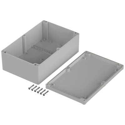Grey rectangular plastic housing, consisting of an open box, a removable lid and six mounting screws.