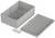 Grey rectangular plastic housing, consisting of an open box, a removable lid and six mounting screws.