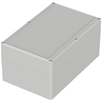 Grey rectangular enclosure with screw fasteners at the corners, suitable for electronic components or cable protection.