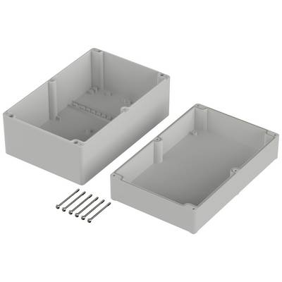 A two-part grey plastic housing with six corresponding screws, shown open, ready for assembly.