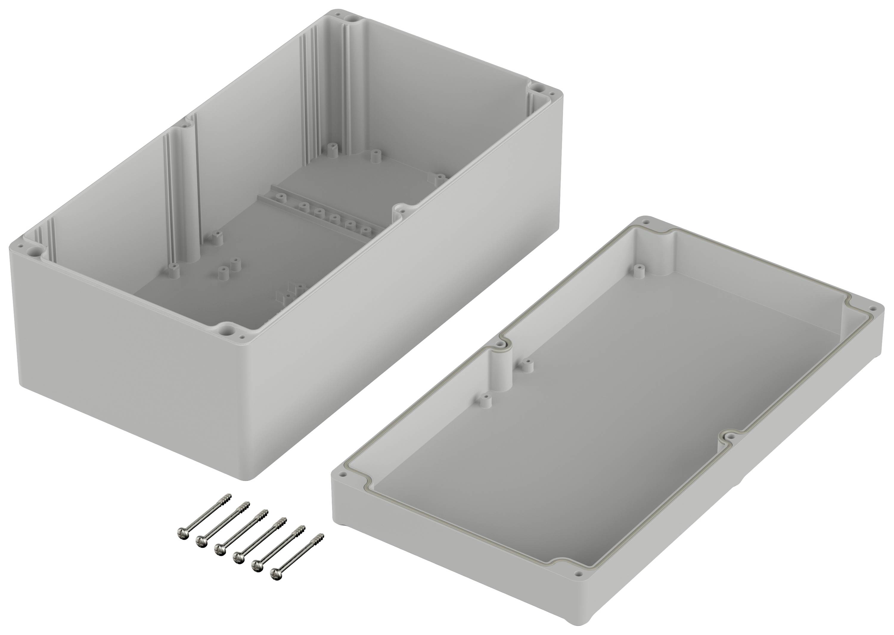A rectangular grey enclosure is open, with a base and a lid part. Five screws are lying beside it.