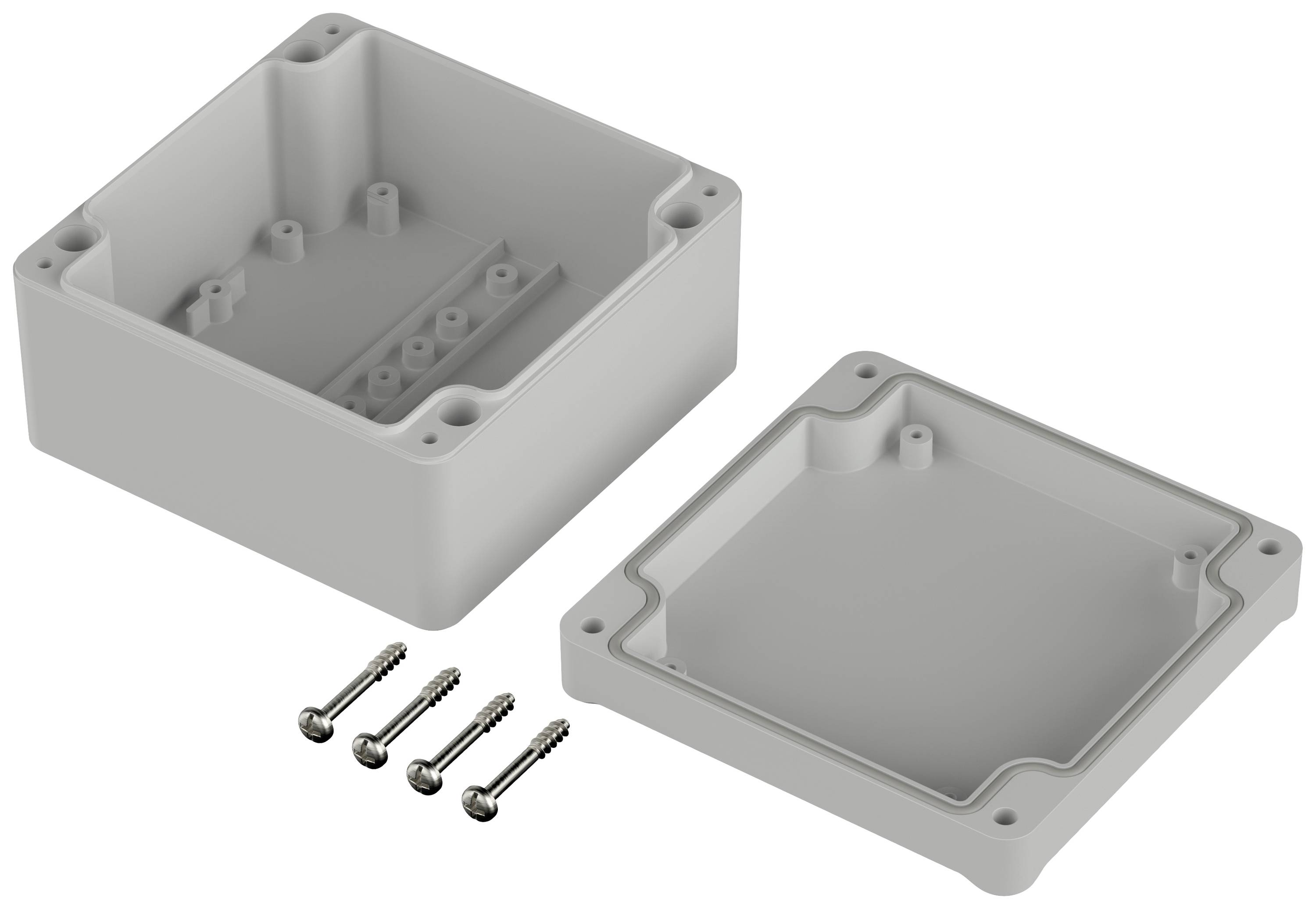 Plastic enclosure box, opened, with removable lid and four accompanying screws. Suitable for electronic projects.