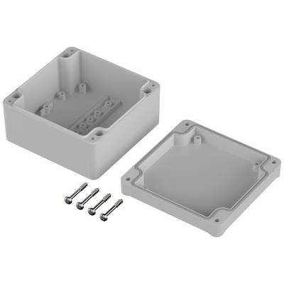 Plastic enclosure box, opened, with removable lid and four accompanying screws. Suitable for electronic projects.
