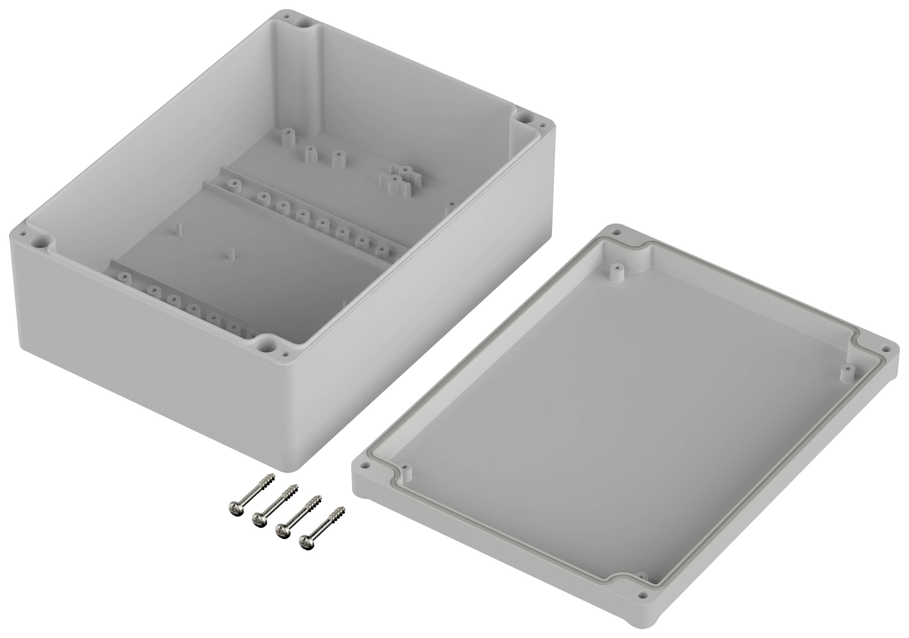 Plastic enclosure, opened, with lid removed. Four screws are placed beside it. Suitable for electronic assembly.