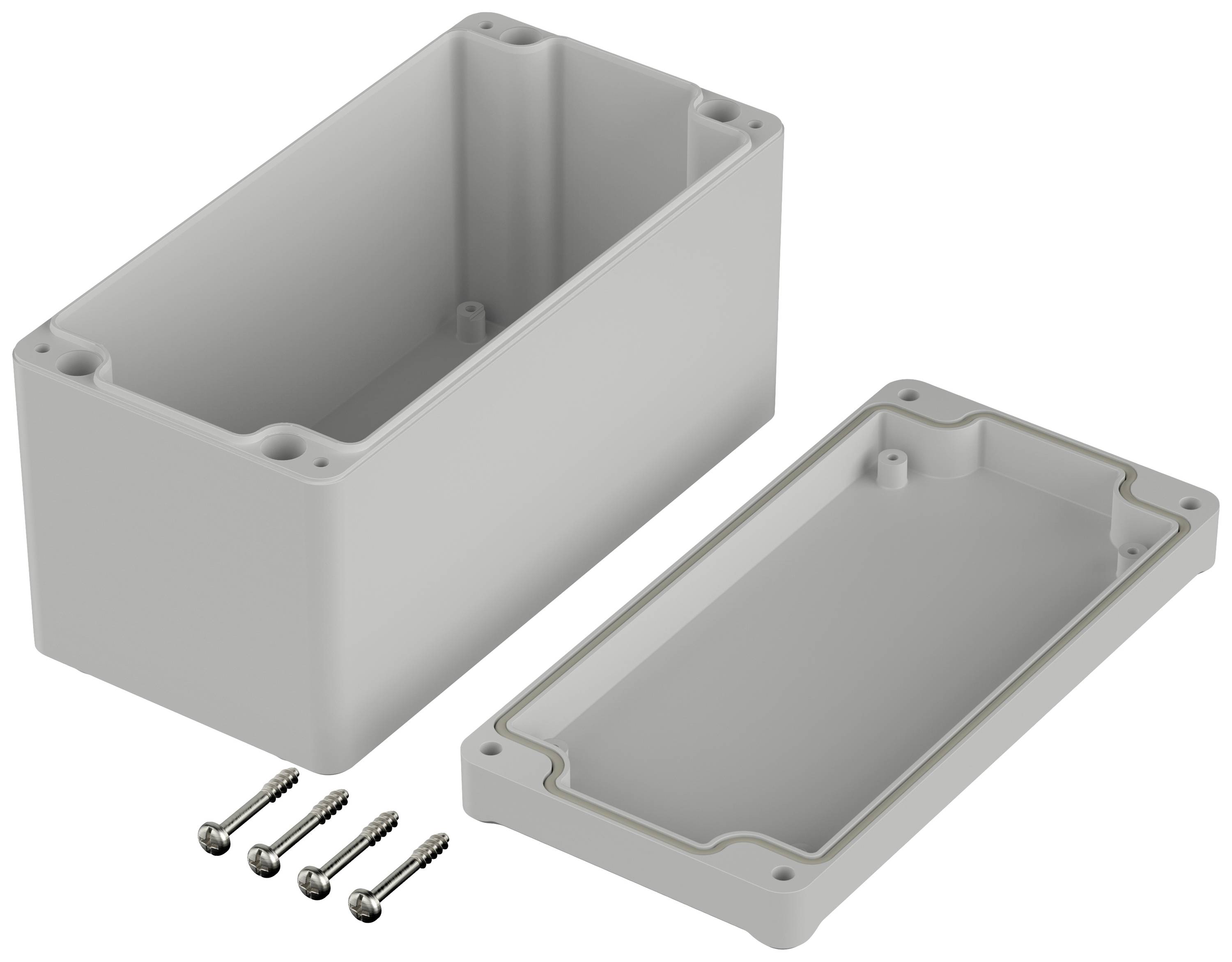 Rectangular grey enclosure with cover removed. Four screws are placed beside it. Suitable for electronic projects.