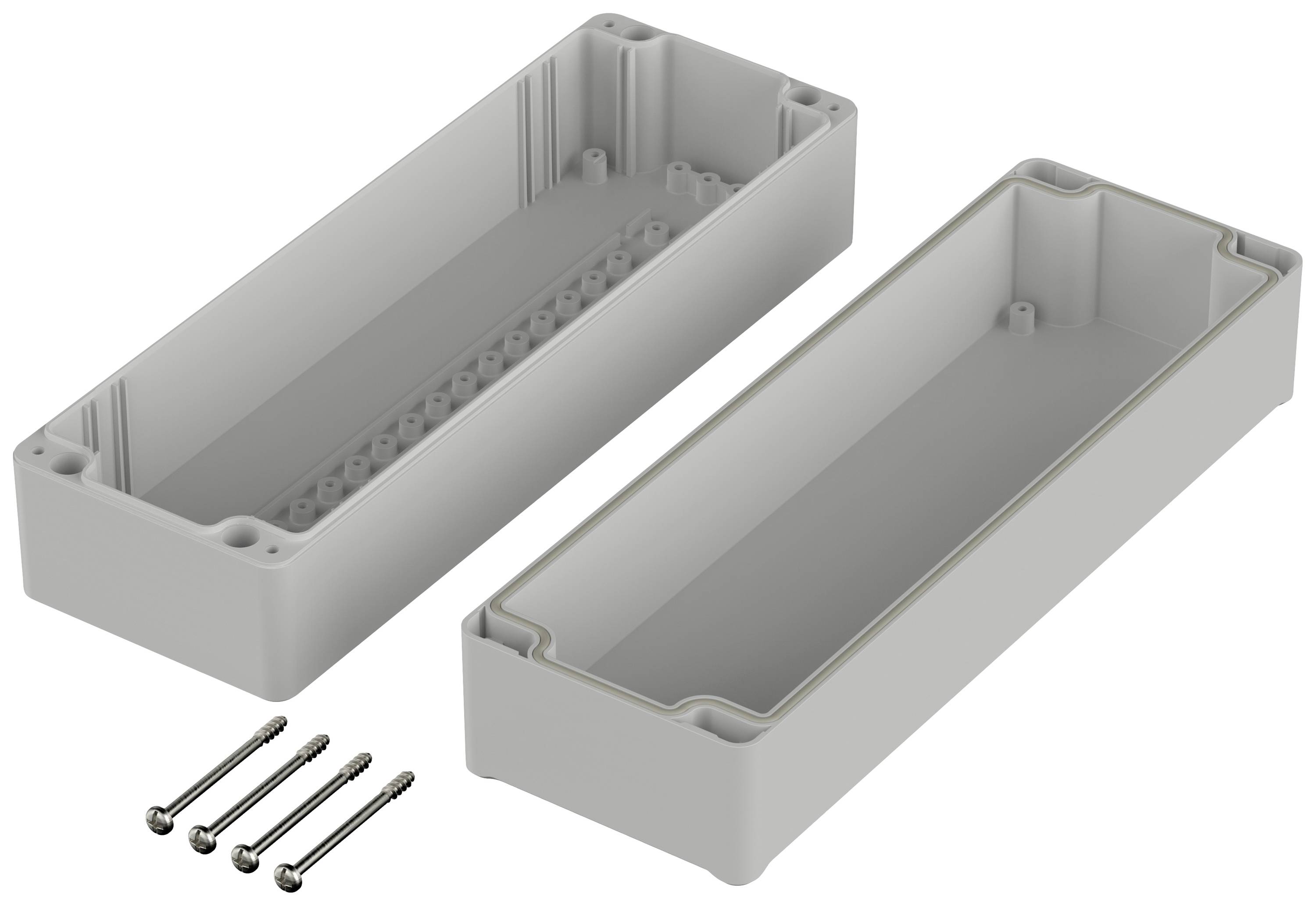 Housing in two parts with screws, suitable for electrical installations.