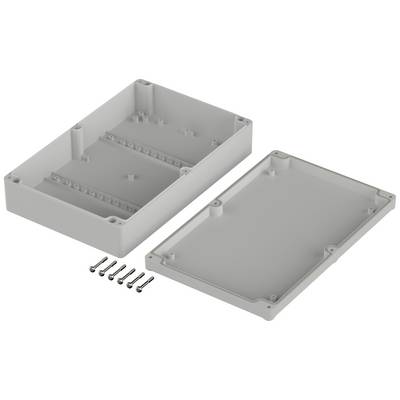 Plastic casing, two-part, rectangular, open. Six screws alongside the casing for securing.